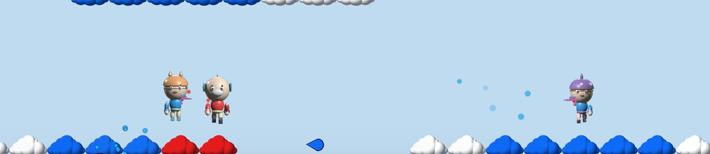 Blue and red characters on a row of half-painted clouds
